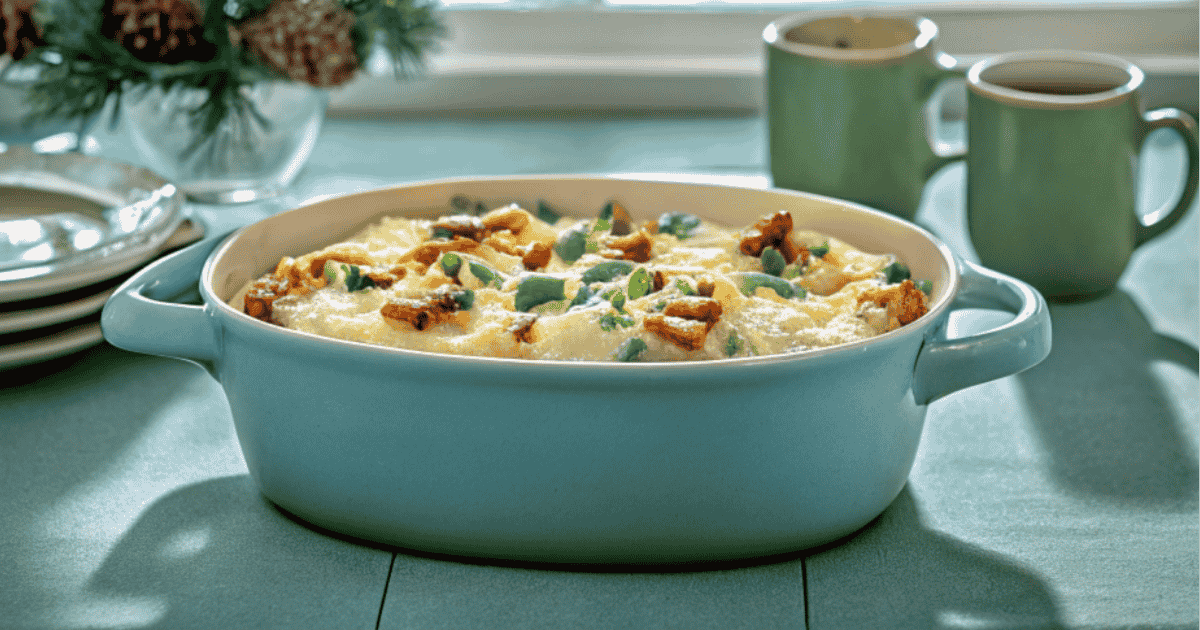 This image showcases the Breakfast Grits Casserole served in a warm, inviting family setting, highlighting its creamy texture and comforting appeal as a perfect dish for gatherings.