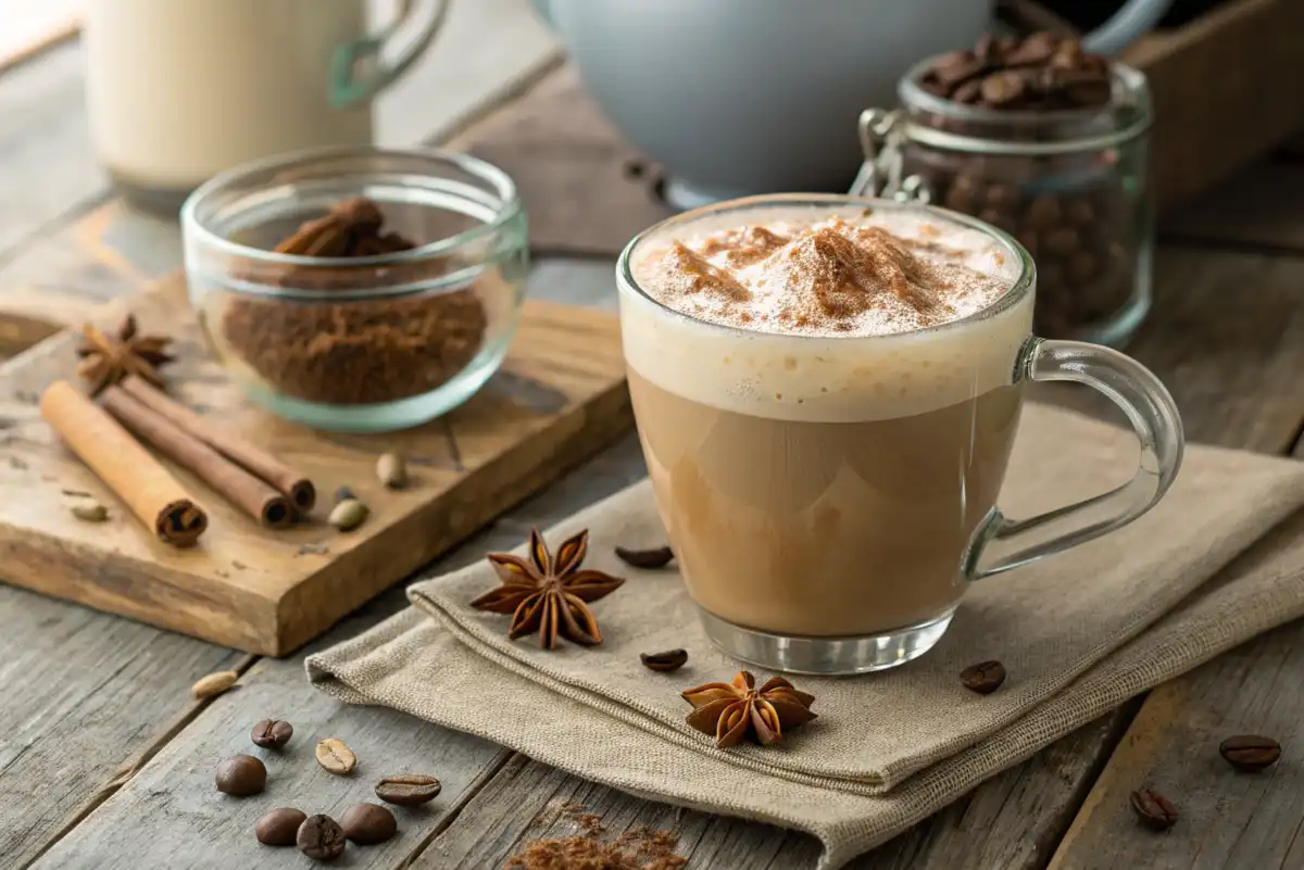 A freshly prepared dirty chai latte in a glass mug with frothy milk and cinnamon, surrounded by chai spices and coffee beans on a wooden table.