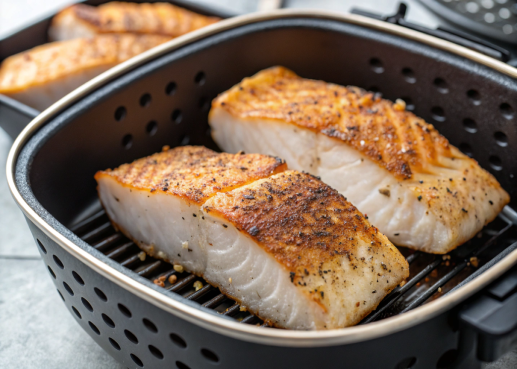  air fryer basket with perfectly cooked mahi mahi fillets inside, showcasing the crispy texture and juicy inside