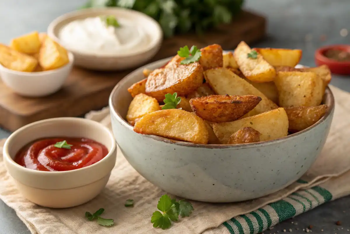 A realistic bowl of double fried potatoes with ketchup and a side of aioli, natural light, focus on texture.