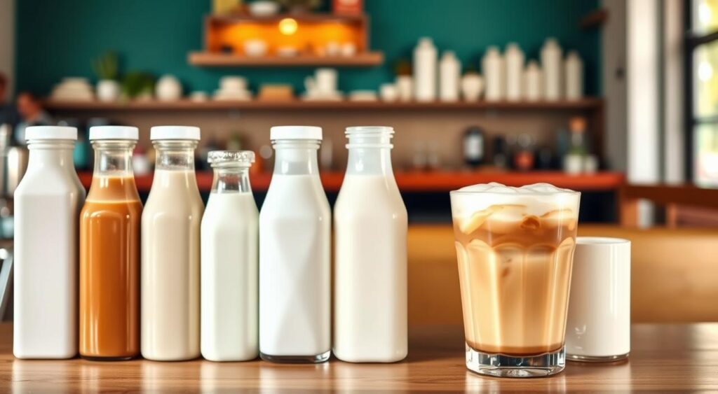 A variety of milk bottles and cartons, including whole milk, almond milk, oat milk, and soy milk, arranged neatly on a kitchen counter