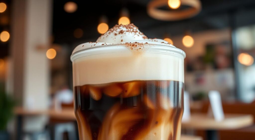 A barista pouring cold foam onto a freshly brewed cup of iced coffee, with a stack of milk cartons in the background.