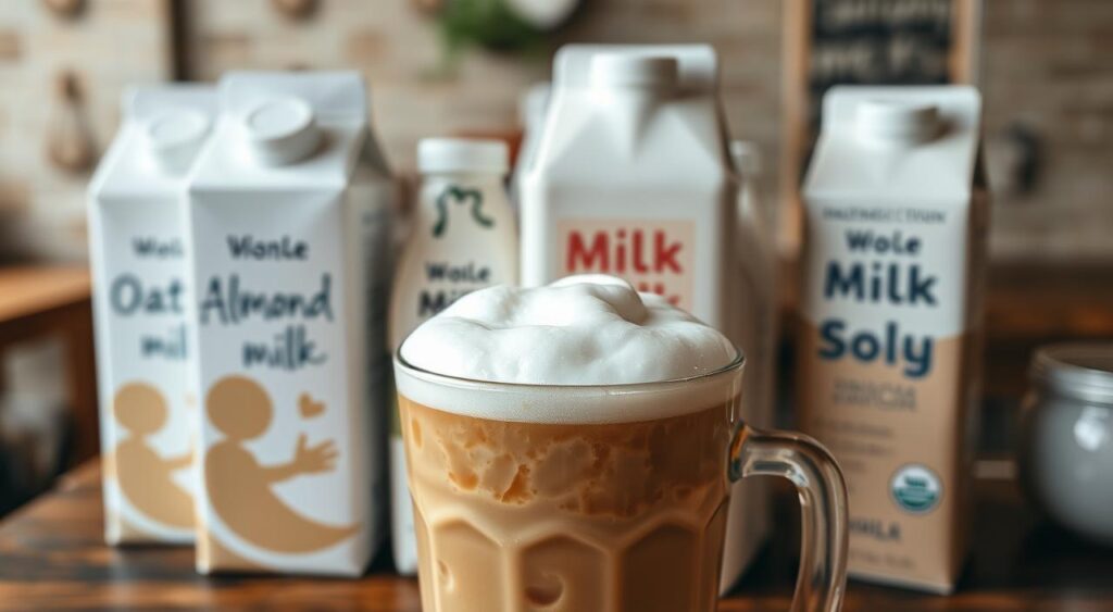  cold foam textures made from different types of milk, displayed in clear glass cups side by side on a wooden table.