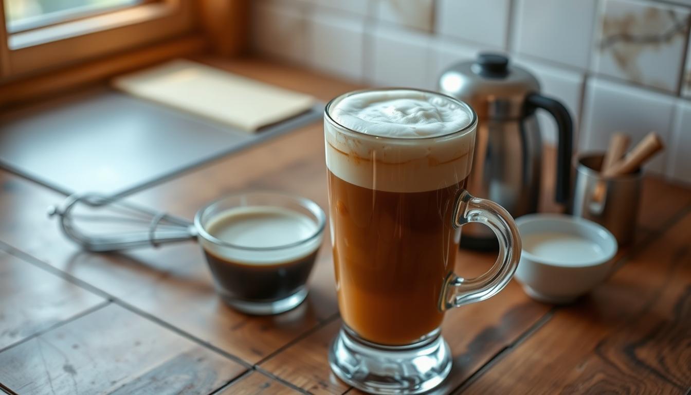 A glass of iced coffee topped with frothy cold foam, surrounded by coffee beans and a spoon.