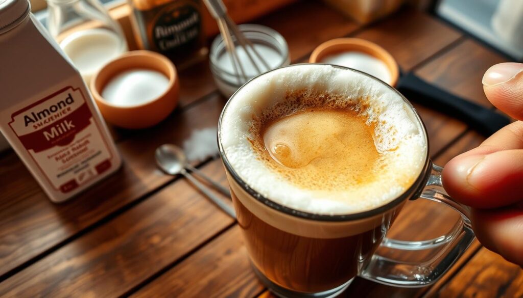 Close-up of a hand pouring creamy cold foam over an iced latte with a kitchen background.