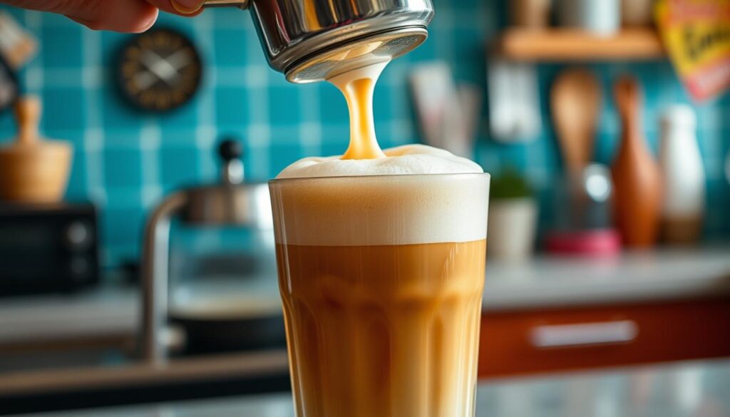 Milk being frothed with a handheld frother, placed beside an iced coffee on a wooden countertop.