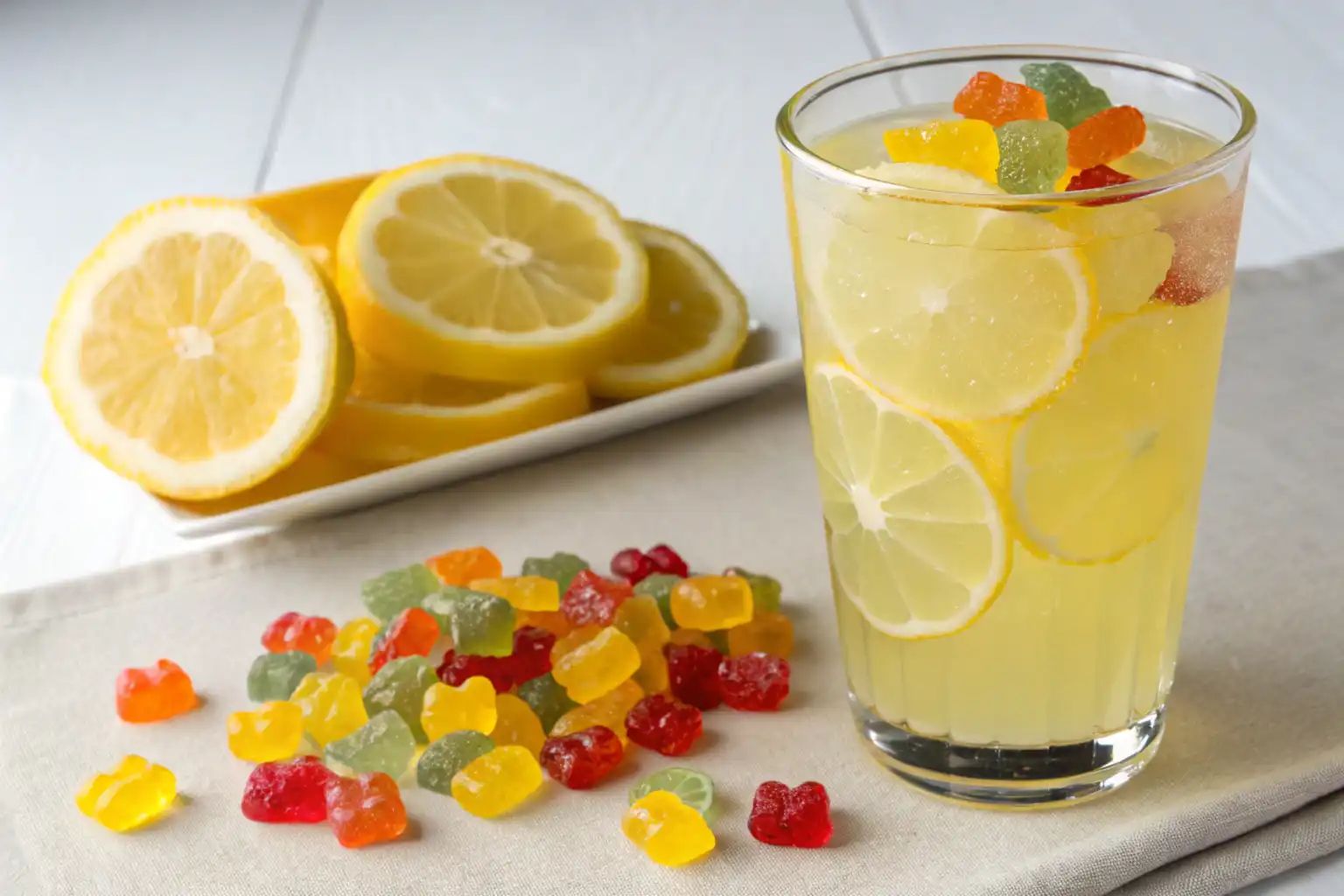 A cocktail with gummy bears and lemon as a garnish