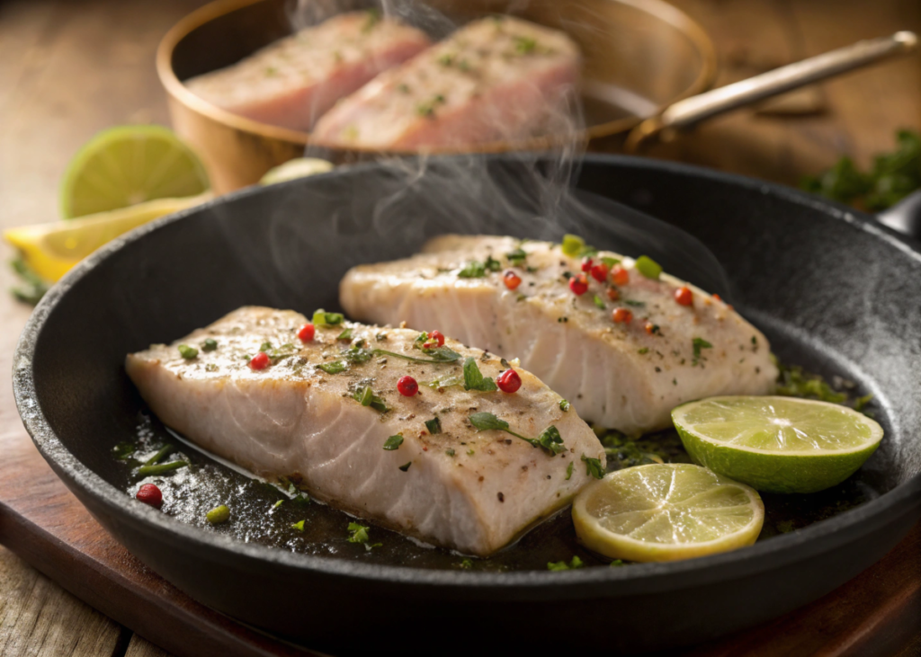 Mahi mahi fillets cooking on a skillet, sizzling with herbs and spices, indoors with warm lighting, garnished with lime wedges