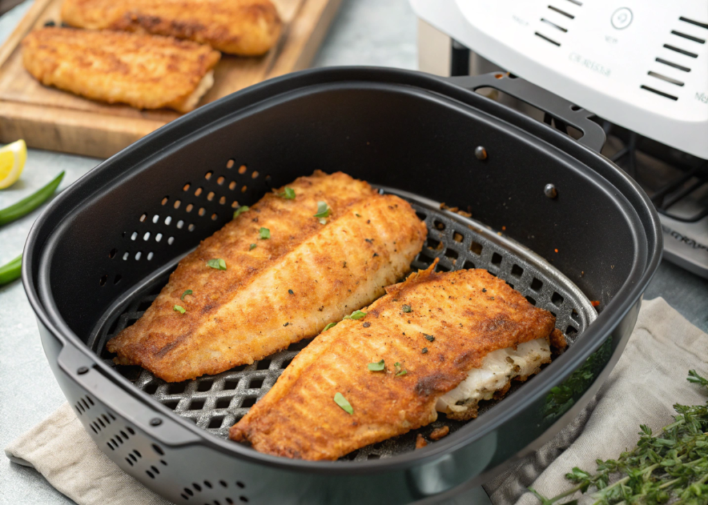 Cooked golden-brown fish fillets in an air fryer basket.