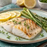 A beautifully plated piece of grilled fish with lemon slices and asparagus on the side.