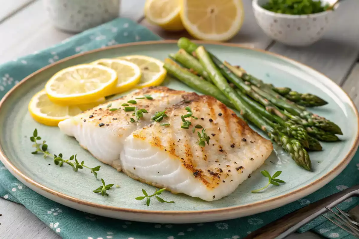 A beautifully plated piece of grilled fish with lemon slices and asparagus on the side.