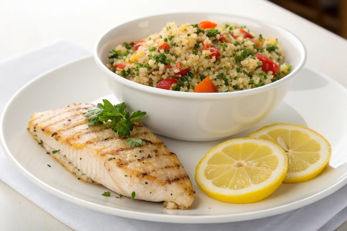 A plate featuring grilled fish, lemon slices, and a bowl of couscous salad.