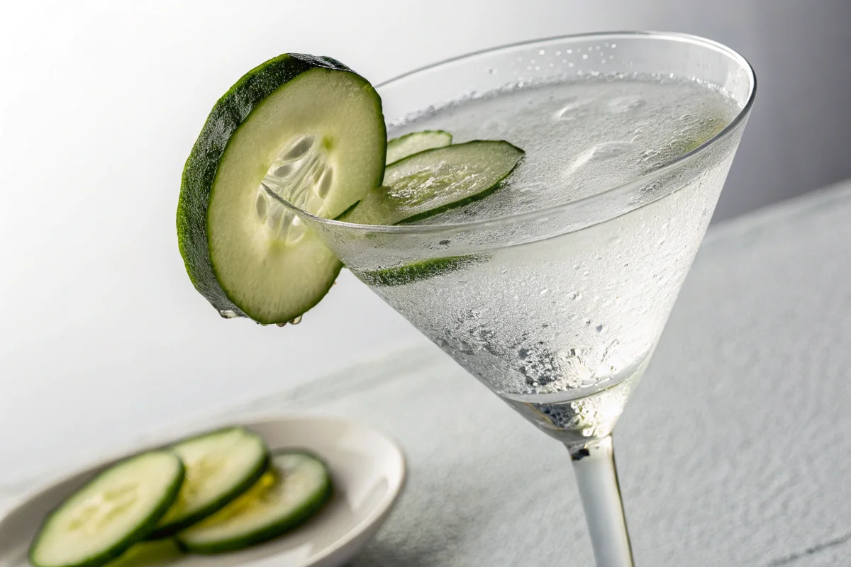 A refreshing cucumber garnish adorns a clear, bubbly drink in a martini glass.