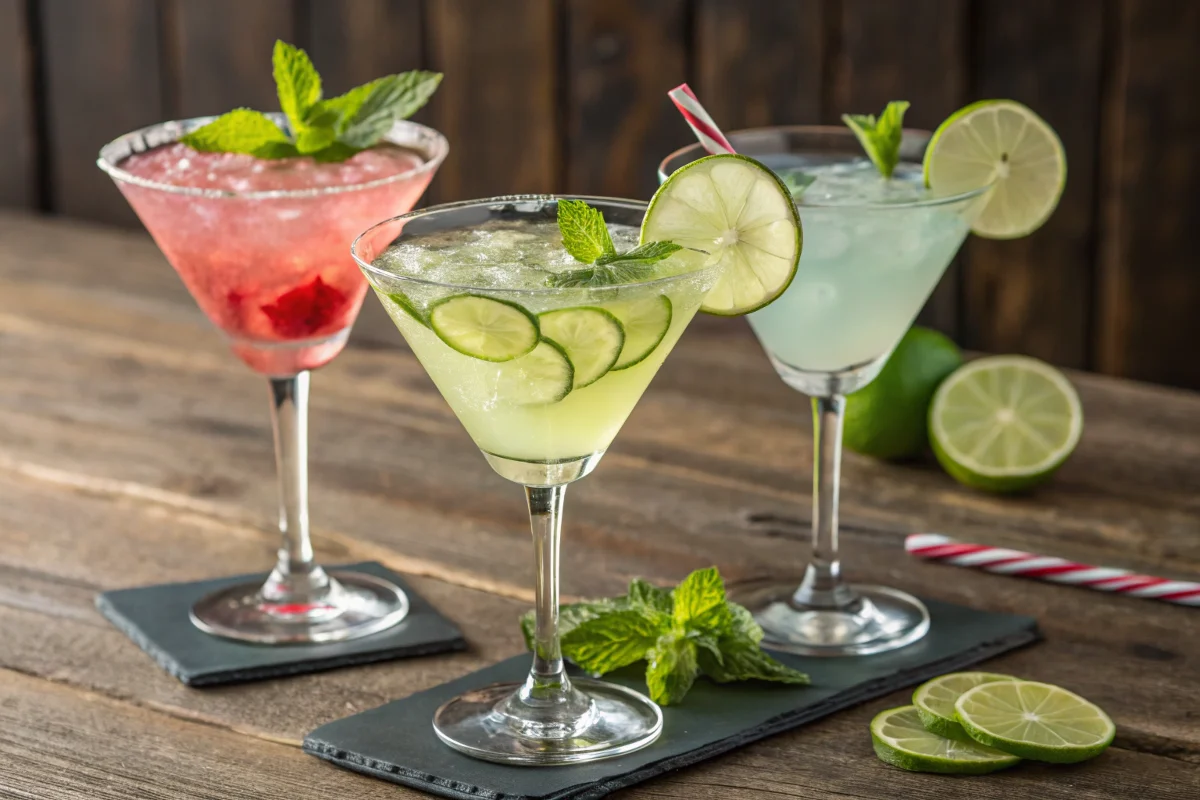 Three colorful cocktails are displayed on a wooden table, garnished with mint and lime slices.