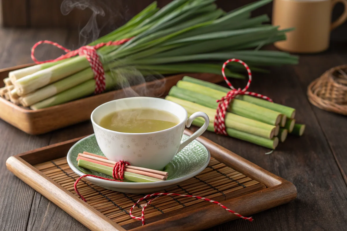 A steaming cup of green tea sits on a plate beside bundled green onion stalks and a wooden tray.