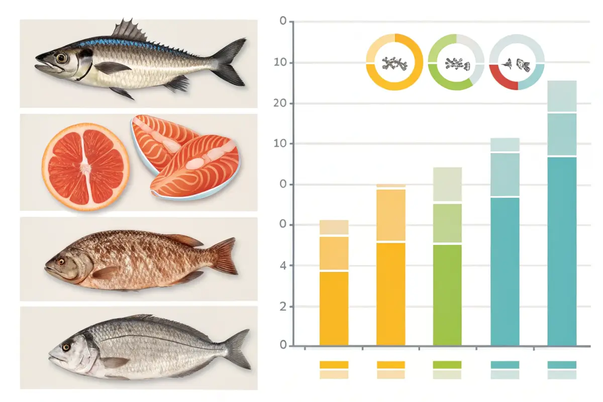 An illustration featuring various types of fish alongside a bar graph displaying data on seafood consumption.