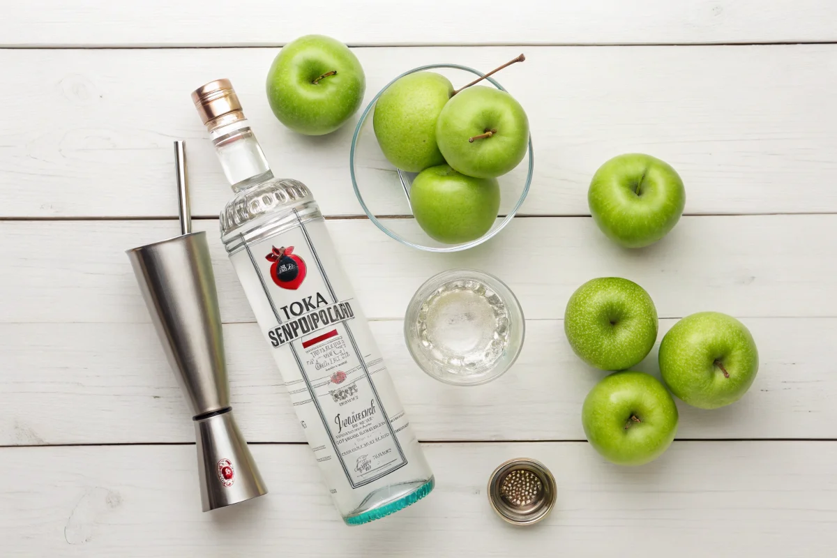 A bottle of Toka Senpuipolard vodka next to green apples and a cocktail shaker on a wooden surface.