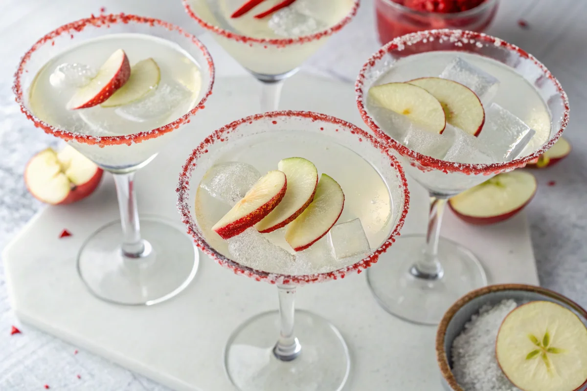 Four cocktails with apple slices and a red sugar rim sit on a marble surface.