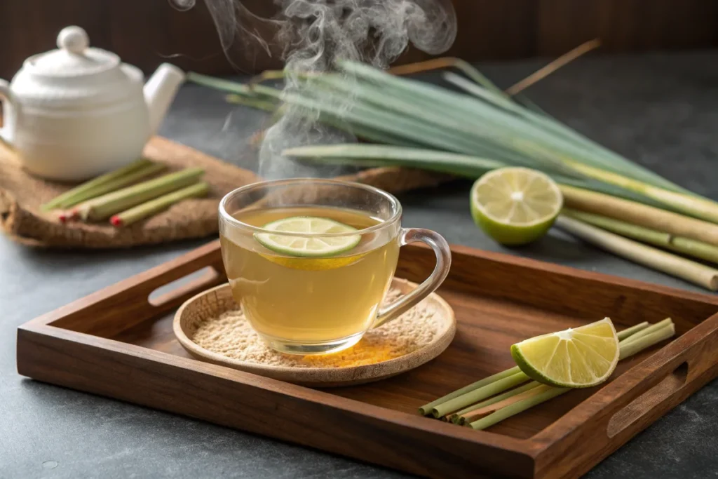 A steaming cup of lemongrass tea with lime slices on a wooden tray.