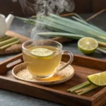 A steaming cup of lemongrass tea with lime slices on a wooden tray.