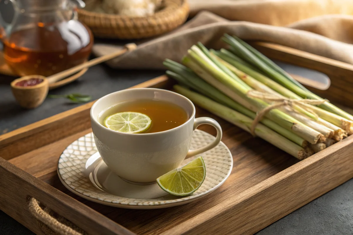 A cup of herbal tea with lime slices sits on a wooden tray alongside fresh herbs.