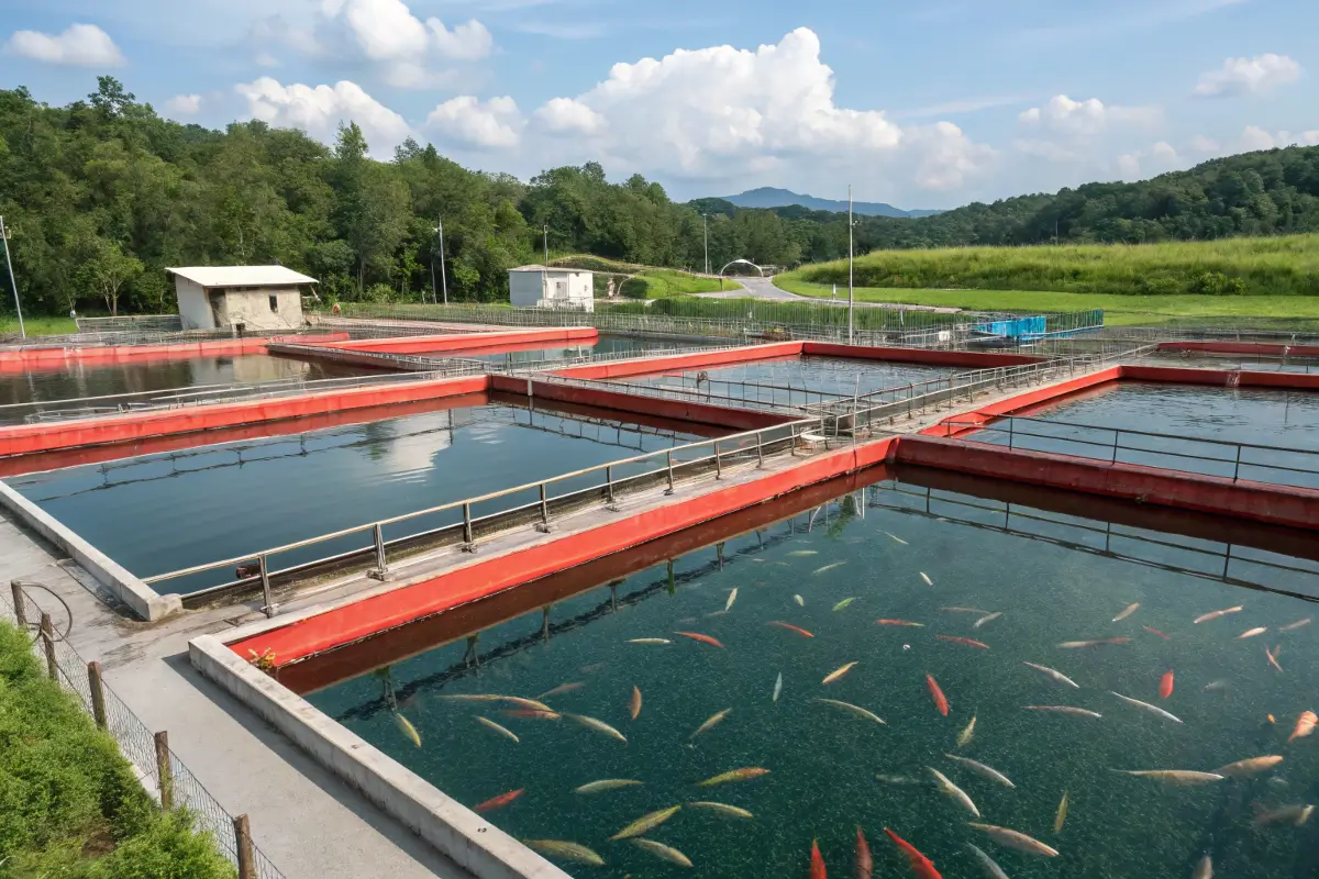 A fish farming facility with several rectangular pools of water surrounded by greenery.