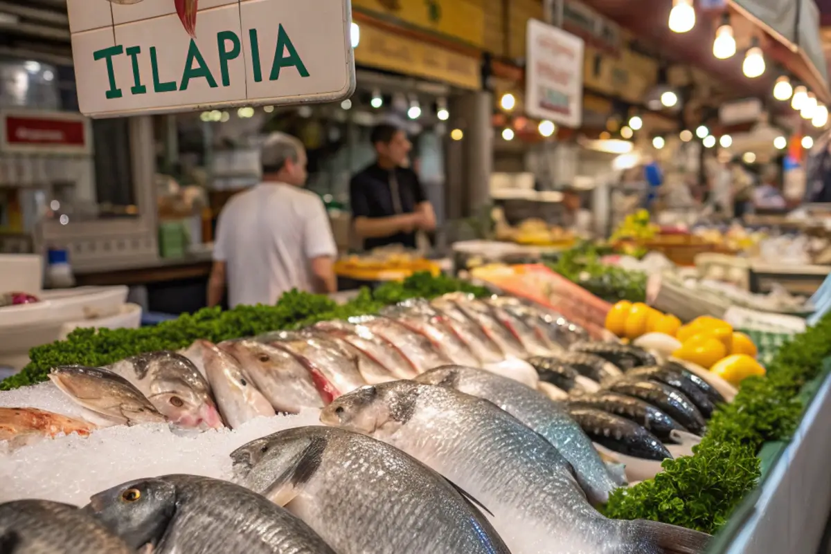 A seafood market display featuring various fish, including tilapia, on ice with garnishes.