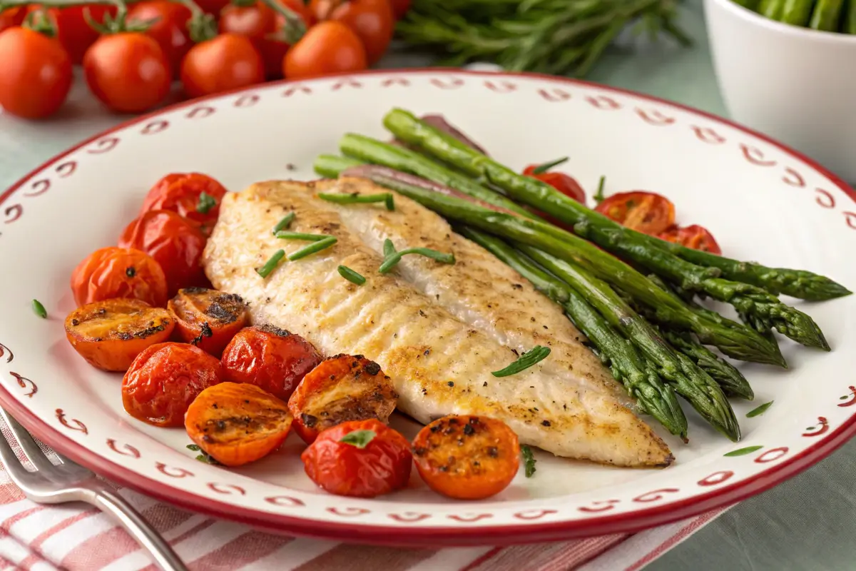 A plated dish featuring grilled fish, roasted cherry tomatoes, and asparagus.