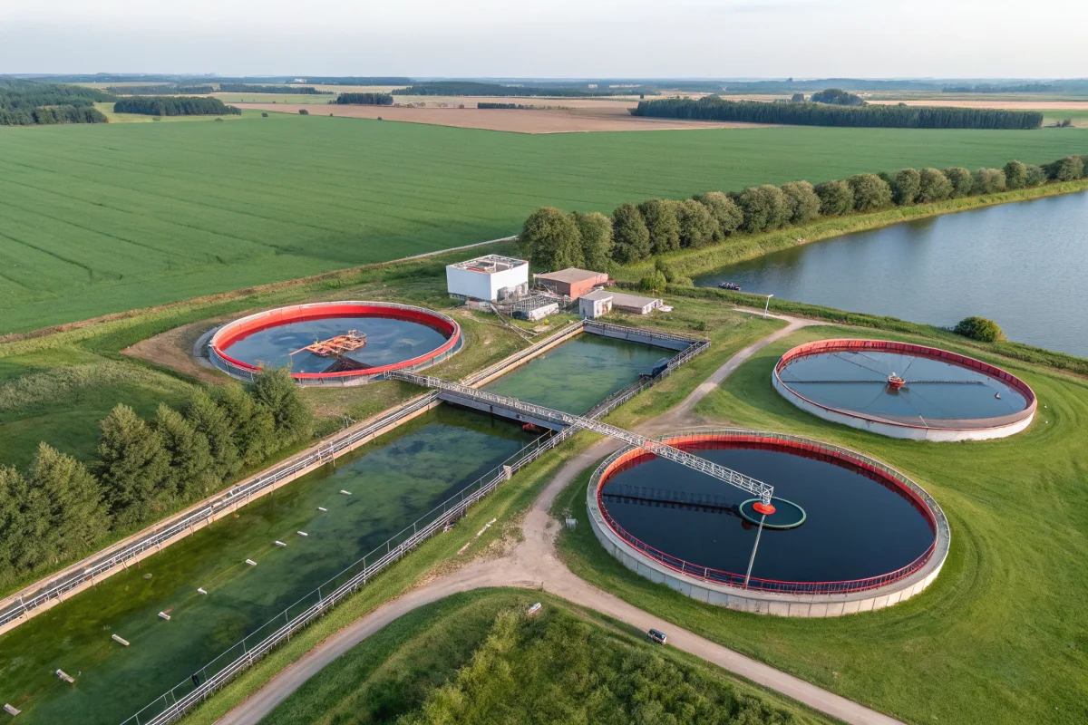 An aerial view of a wastewater treatment plant surrounded by lush greenery and fields.