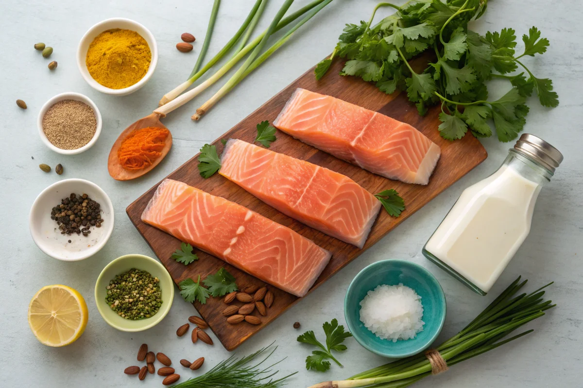 Fresh salmon fillets surrounded by a variety of spices and ingredients on a wooden board.