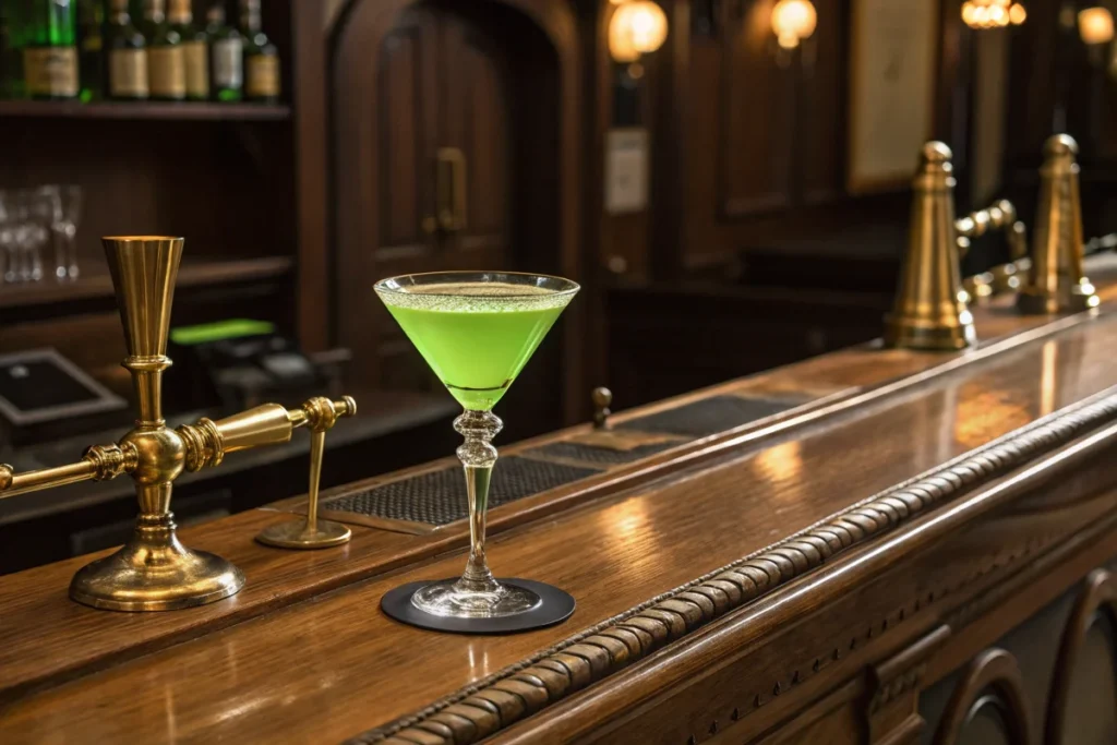 A vibrant green cocktail sits on a polished wooden bar.