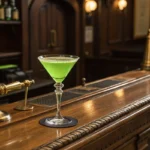 A vibrant green cocktail sits on a polished wooden bar.