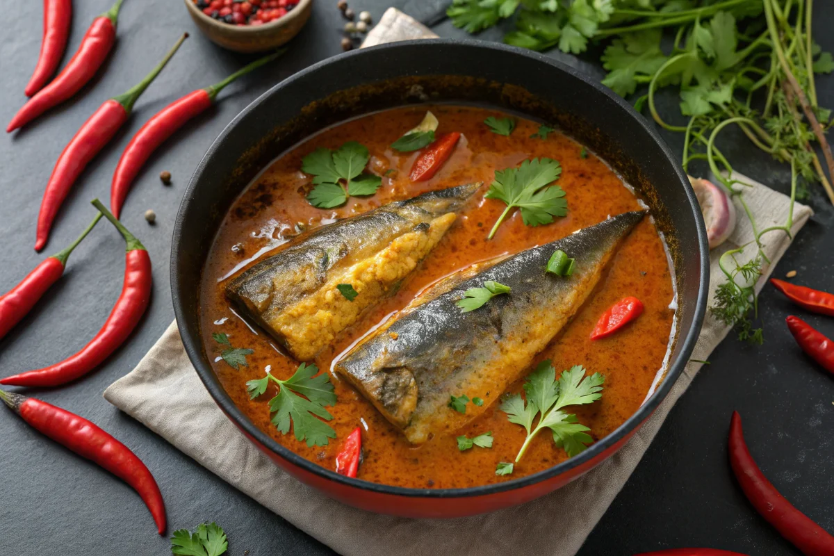 A vibrant dish of fish simmering in a rich, spicy sauce, garnished with herbs and surrounded by red chili peppers.