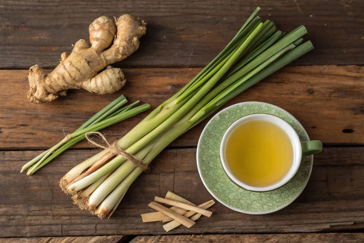 Fresh ginger and lemongrass alongside a cup of tea on a wooden surface.