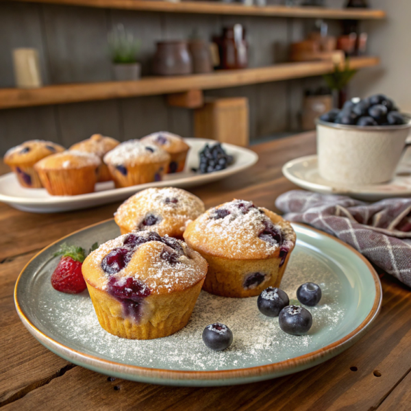 Close-up of a batch of golden brown **mini blueberry muffins** fresh from the oven, bursting with juicy blueberries.