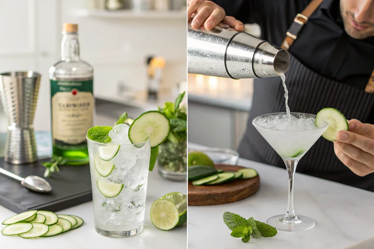 A bartender prepares a refreshing cocktail with cucumber and mint.